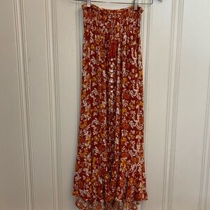 Rachel Zoe Small Fall Floral Maxi Skirt Front Button Orange Wide Smocked Waist